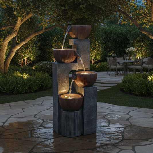 4-Tier Cascading Bowl Outdoor Fountain with LED Lights, 39.37" H | LS4190