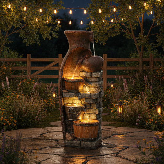 6-Tier Retro Barrel Farmhouse Outdoor Fountain with LED, 43.31" H | LS4610