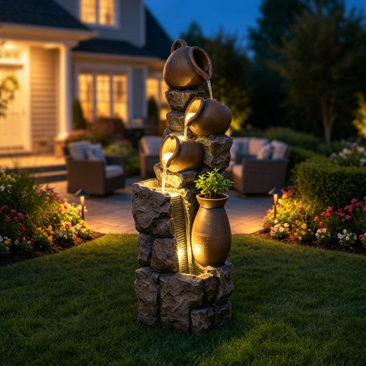 5-Tier Cascading Bowl Outdoor Fountain with Planter Pot & LED, 45.67" H | LS4612