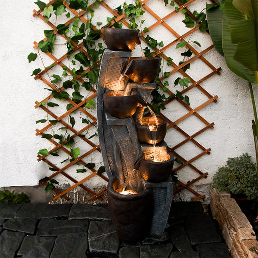 6-Tier Modern Bowl & Jar Waterfall Fountain, 49.61" H, LED Lights | LS4613