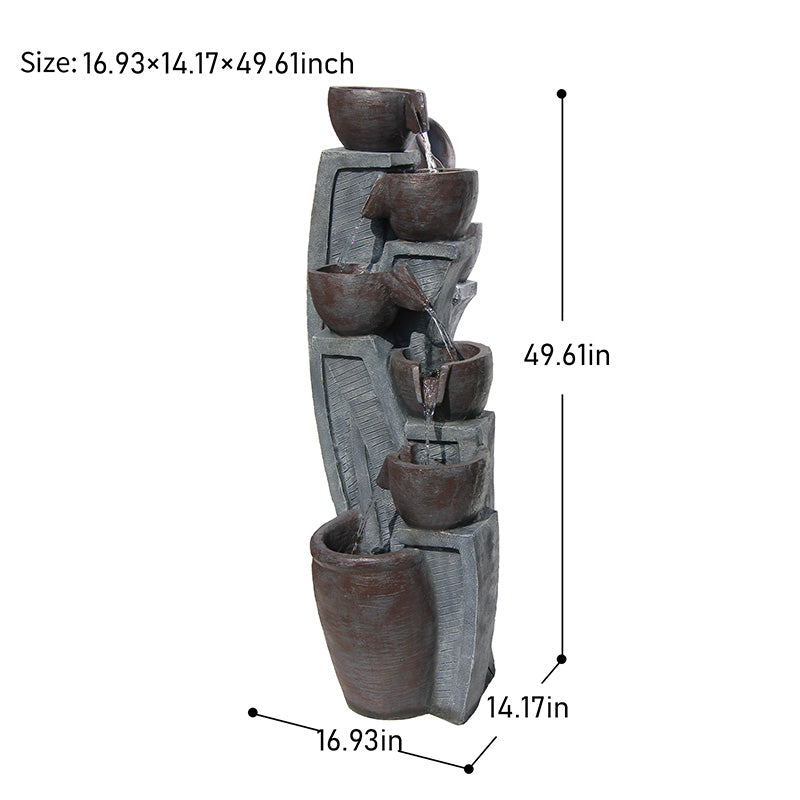 FountJoy 49.61" Tall 6-Tier Bowl Jar Water Fountain Dimensions - Height Width Depth with Lightweight Resin Base
