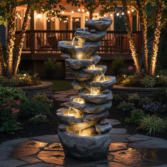 10-Tier Cascading Rock Outdoor Water Fountain with LED, 39.76" H | LS4629