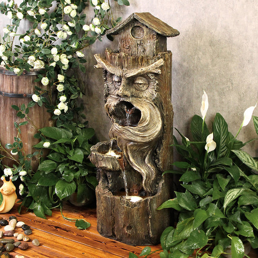 Tree Trunk Fountain with Bird Nest & Owl, 3-Tier, 33.46" H, 2 LED Lights|LS4175