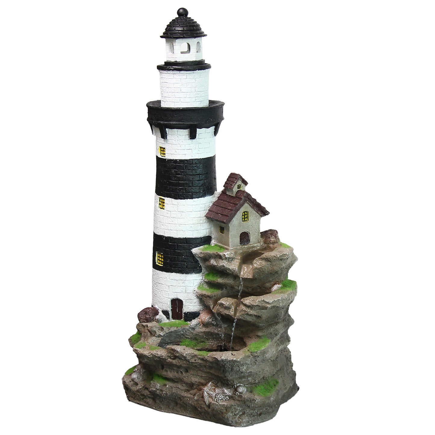 FountJoy LS4171 lighthouse themed 3-tier rock waterfall fountain with LED lights, polyresin outdoor water feature