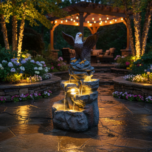 FountJoy LS5122 bald eagle statue 3-tier cascading rock waterfall fountain with LED lights – 38.58 inch tall polyresin outdoor water feature for garden patio backyard decor – front view