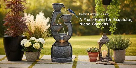 Modern 5-tier cascading water fountain in a garden with agave and ornamental grasses, contemporary outdoor water feature