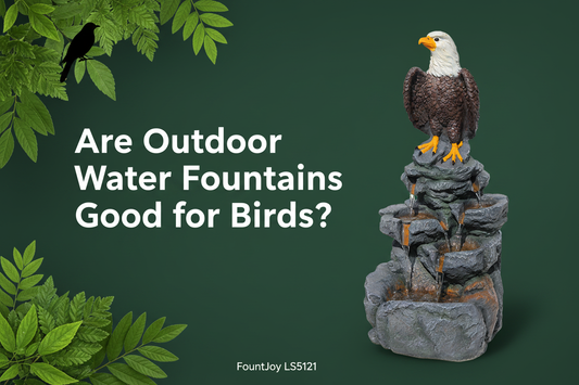 Outdoor water fountain attracting birds to the garden — FountJoy LS5121 bald eagle cascading rock fountain as a bird-friendly water feature