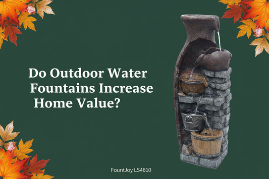 Do outdoor water fountains increase home value? FountJoy LS4610 6-tier retro barrel farmhouse fountain as a curb appeal and landscaping ROI improvement