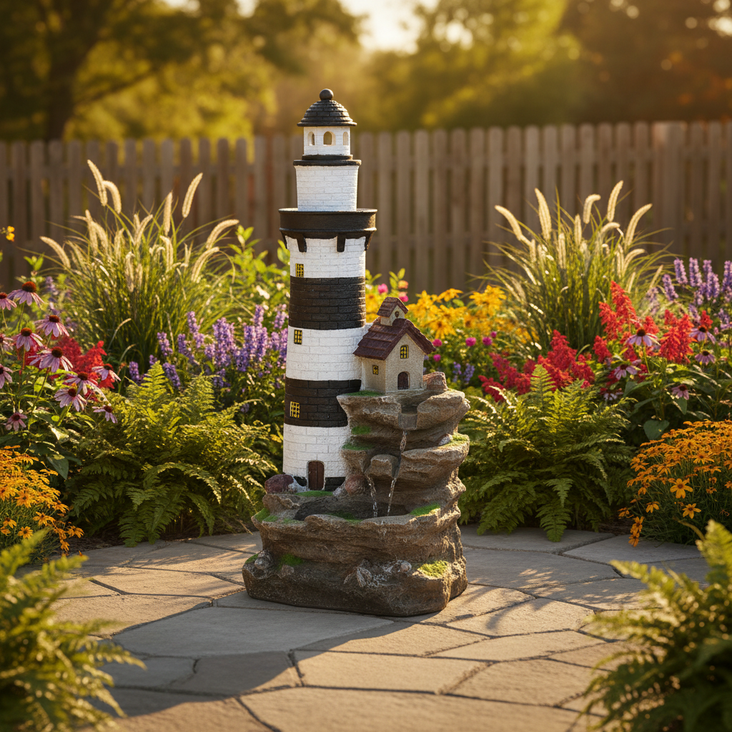 FountJoy LS4171 lighthouse 3-tier rock waterfall fountain with LED lights – 38.58 inch tall polyresin coastal garden water feature isolated on white background
