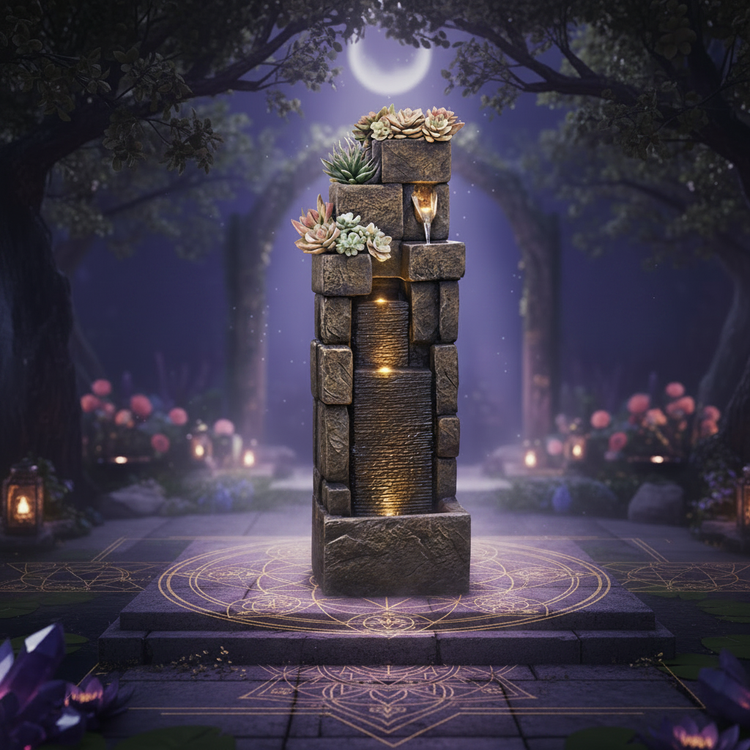 Feng Shui Mystical —FountJoy 5-tier stacking bricks waterfall fountain with LED lights — feng shui stability and earth energy fountain for sacred garden spaces, gold sacred geometry design, outdoor water feature with cascading water