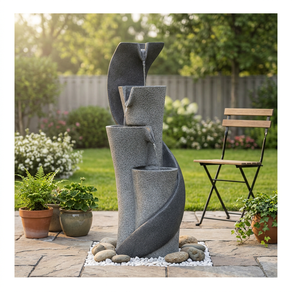 Gray curved cascading water fountain on a garden patio beside potted plants and a wooden chair