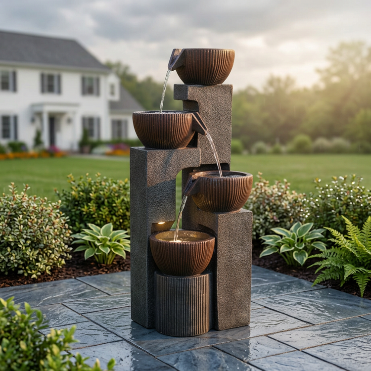 Four ribbed cascading bowls on a gray water fountain standing on a garden patio beside shrubs and a lawn