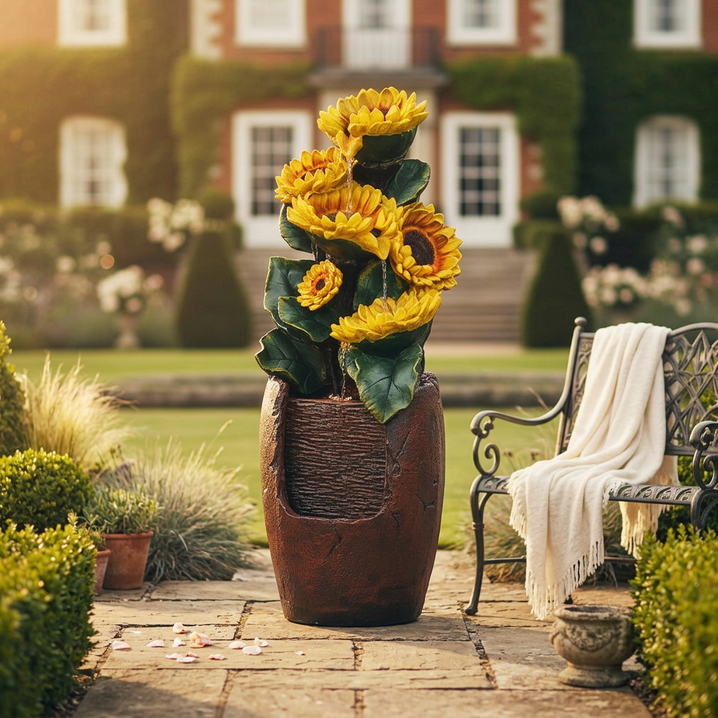 Sunflower-shaped cascading water fountain on a garden patio beside a metal bench