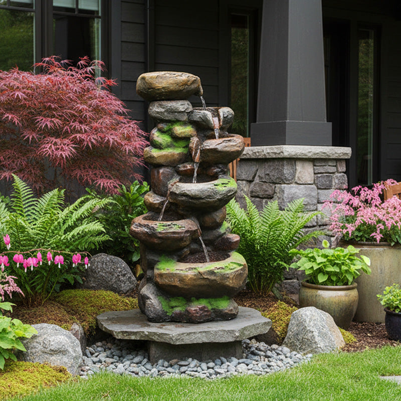 6-Tier Natural Stone Rock Waterfall Outdoor Fountain with LED, 37.4" H | LS4172