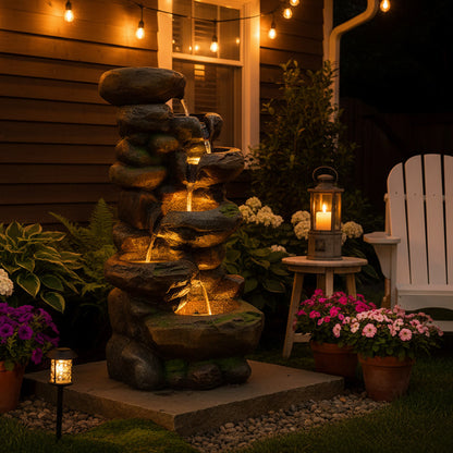 6-Tier Natural Stone Rock Waterfall Outdoor Fountain with LED, 37.4" H | LS4172