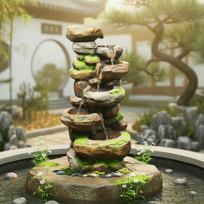 FountJoy 6-Tier Natural Stone Rock Water Fountain - 37.4" H Outdoor LED Garden Water Feature - Soft Shadow Display on Neutral Background