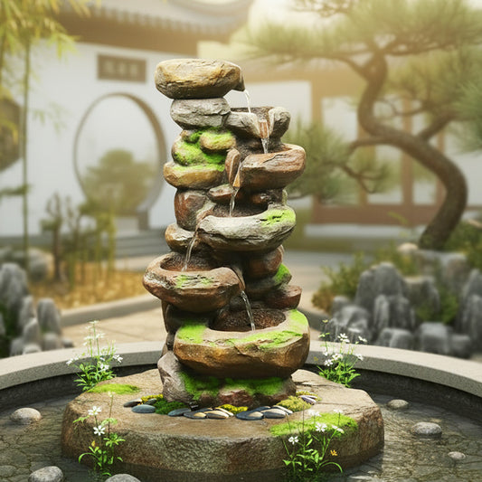 FountJoy 6-Tier Natural Stone Rock Water Fountain - 37.4" H Outdoor LED Garden Water Feature - Soft Shadow Display on Neutral Background