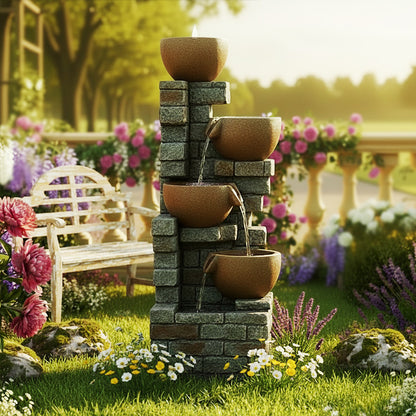 5-Tier Cascading Bowl Outdoor Fountain with Planter & LED, 39.37" H | LS4185