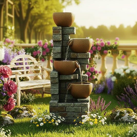 5-Tier Cascading Bowl Outdoor Fountain with Planter & LED, 39.37" H | LS4185
