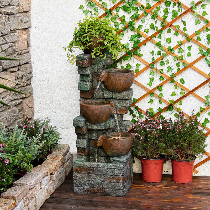 5-Tier Cascading Bowl Outdoor Fountain with Planter & LED, 39.37" H | LS4185