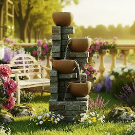 5-Tier Cascading Bowl Outdoor Fountain with Planter & LED, 39.37" H | LS4185