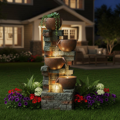 5-Tier Cascading Bowl Outdoor Fountain with Planter & LED, 39.37" H | LS4185