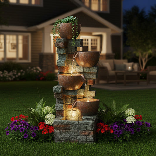 5-Tier Cascading Bowl Outdoor Fountain with Planter & LED, 39.37" H | LS4185