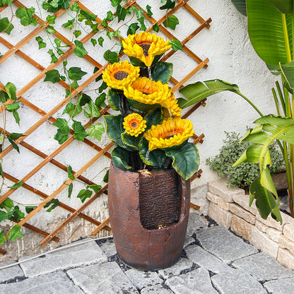 FountJoy Garden Patio Sunflower Water Fountain - Backyard Porch LED Water Feature - Weather Resistant Resin Decor among Floral Greenery