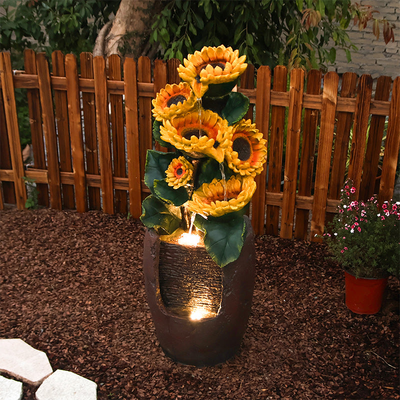 FountJoy Lighted Sunflower Water Fountain - Warm LED Lights Cascading Over 4 Tiers - Nighttime Garden Floral Centerpiece