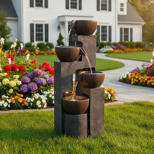 4-Tier Cascading Bowl Outdoor Fountain with LED Lights, 39.37" H | LS4190