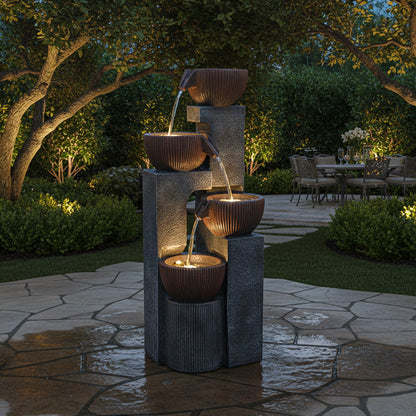 4-Tier Cascading Bowl Outdoor Fountain with LED Lights, 39.37" H | LS4190