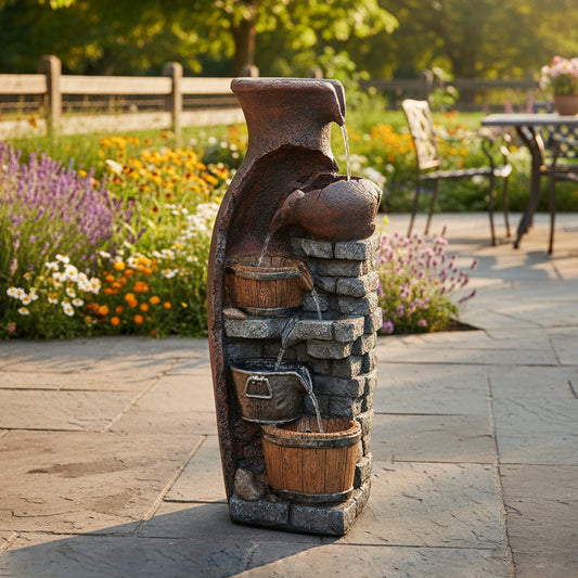 6-Tier Retro Barrel Farmhouse Outdoor Fountain with LED, 43.31" H | LS4610