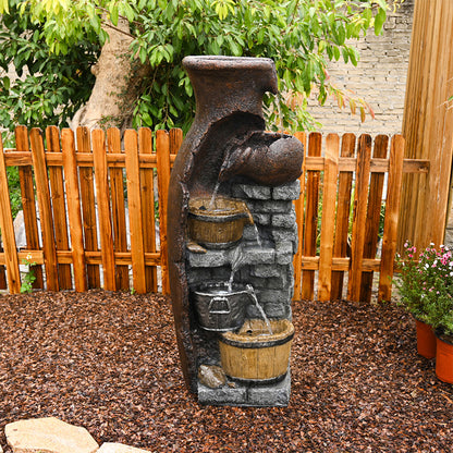 FountJoy Farmhouse Lawn Barrel Water Fountain - Porch Deck LED Water Feature - Weather Resistant Resin Decor with Vintage Design