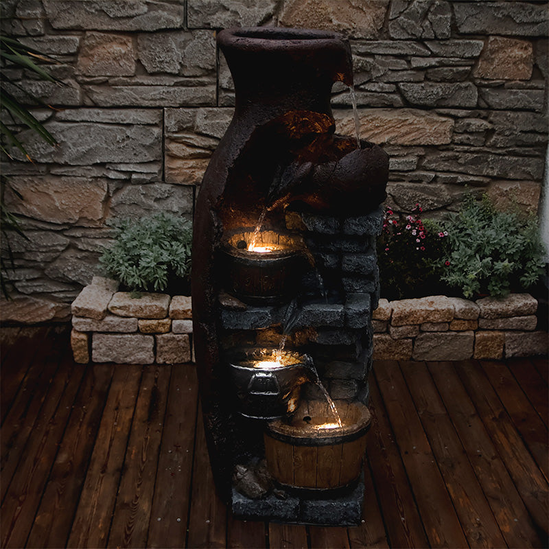 FountJoy Lighted Retro Barrel Water Fountain - 4 Warm LED Lights Cascading Over 6 Tiers - Nighttime Farmhouse Centerpiece