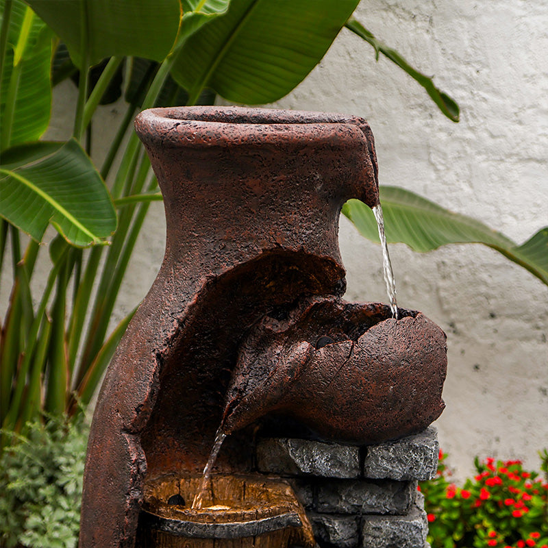 FountJoy Retro Barrel Fountain Night Glow - Soft LED Illumination Reflecting on Water - Soothing Evening Vintage Patio Ambiance