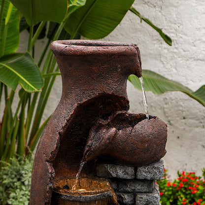 FountJoy Retro Barrel Fountain Night Glow - Soft LED Illumination Reflecting on Water - Soothing Evening Vintage Patio Ambiance