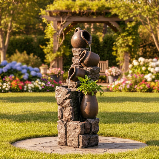 5-Tier Cascading Bowl Outdoor Fountain with Planter Pot & LED, 45.67" H | LS4612