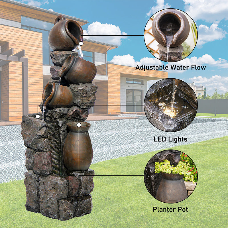 FountJoy Planter Pot Fountain Night Glow - Soft LED Illumination Reflecting on Water - Soothing Evening Patio Ambiance with Greenery
