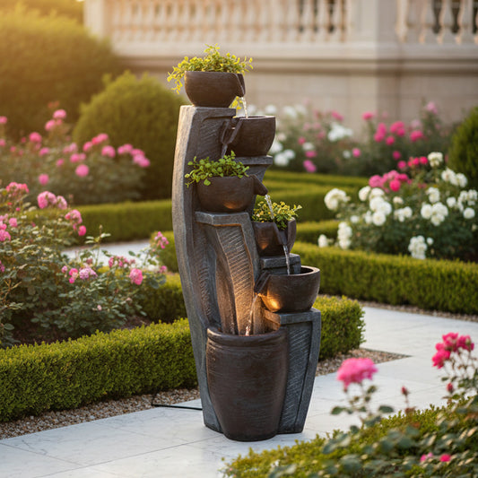 6-Tier Modern Bowl & Jar Outdoor Waterfall Fountain with LED, 49.61" H | LS4613