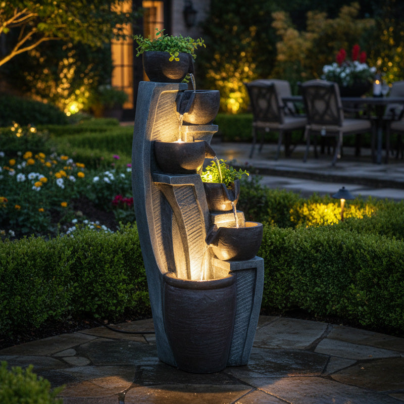 6-Tier Modern Bowl & Jar Outdoor Waterfall Fountain with LED, 49.61" H | LS4613
