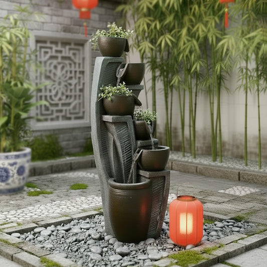 6-Tier Modern Bowl & Jar Waterfall Fountain, 49.61" H, LED Lights | LS4613