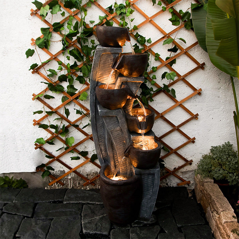 FountJoy Lighted 6-Tier Bowl Jar Water Fountain - 5 Warm LED Lights Cascading Over 6 Tiers - Nighttime Garden Statement Centerpiece