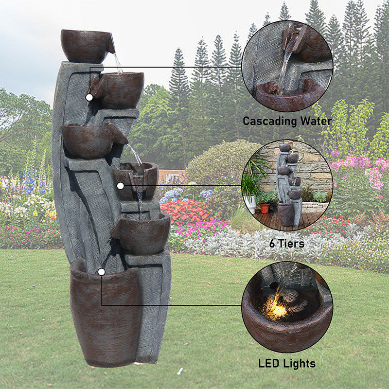 FountJoy 6-Tier Bowl Jar Fountain Night Glow - Soft LED Illumination Reflecting on Water - Soothing Evening Elegant Home Ambiance