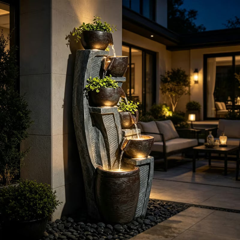 6-Tier Modern Bowl & Jar Outdoor Waterfall Fountain with LED, 49.61" H | LS4613