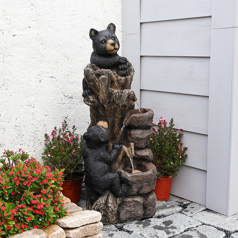 FountJoy Farmhouse Patio Black Bears Water Fountain - Backyard Lawn Nature Inspired Water Feature - Weather Resistant Resin Decor