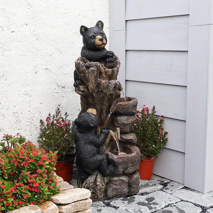 FountJoy Farmhouse Patio Black Bears Water Fountain - Backyard Lawn Nature Inspired Water Feature - Weather Resistant Resin Decor