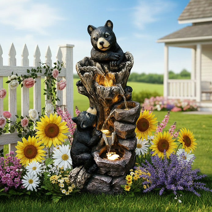 FountJoy 5-Tier Black Bears Climbing Tree Water Fountain - 40.16" H Outdoor Nature Water Feature - Soft Shadow Display on Neutral Background