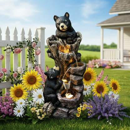 FountJoy 5-Tier Black Bears Climbing Tree Water Fountain - 40.16" H Outdoor Nature Water Feature - Soft Shadow Display on Neutral Background