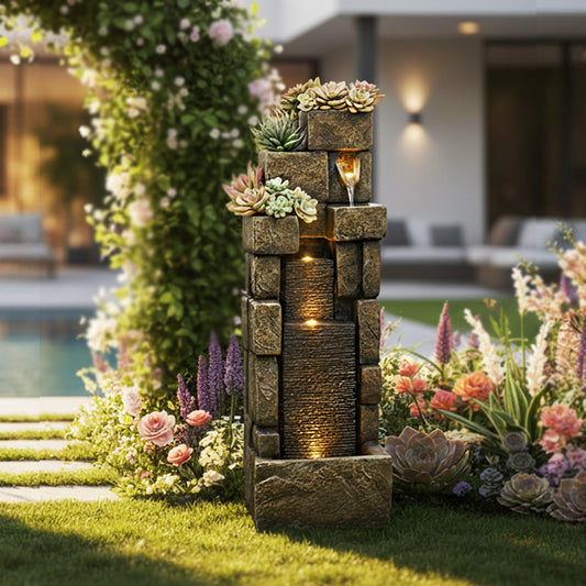 FountJoy Modern Stacking Bricks Water Fountain - 42.72" H Outdoor Cascading LED Water Feature - Soft Shadow Display on Neutral Background