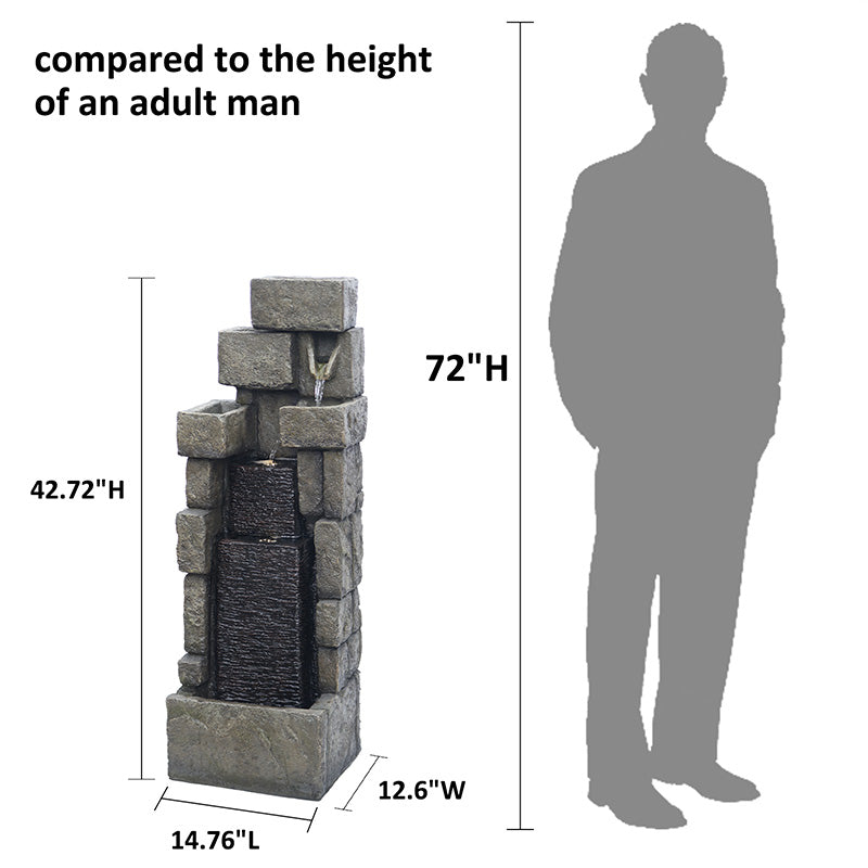 FountJoy 42.72" Modern Stacking Bricks Water Fountain Dimensions - Height Width Depth with Durable Resin Base